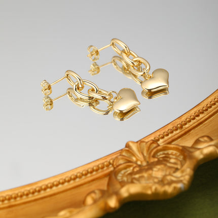 Aretes Largos Con Colgante De Corazón, Cobre Chapado En Oro De 14K