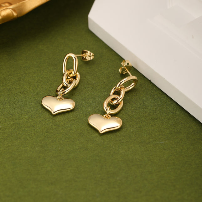 Aretes Largos Con Colgante De Corazón, Cobre Chapado En Oro De 14K