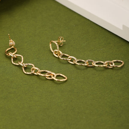 Aretes Largos De Cadena Metálica Estilo Hip-Hop Retro, Cobre De Oro 14K