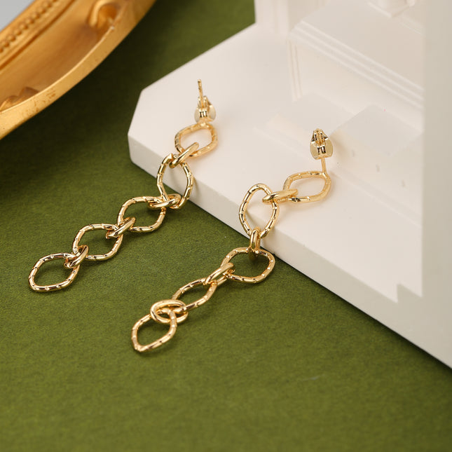 Aretes Largos De Cadena Metálica Estilo Hip-Hop Retro, Cobre De Oro 14K