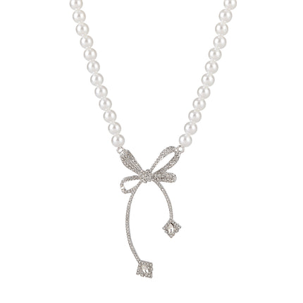 Collar Elegante De Perlas Con Colgante De Cobre De Lazo De Lujo Leve De Moda