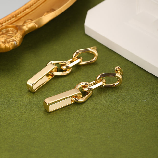 Aretes Largos Geométricos De Cadena En Oro De 14K Para Mujer