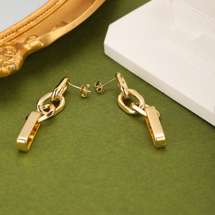 Aretes Largos Geométricos De Cadena En Oro De 14K Para Mujer
