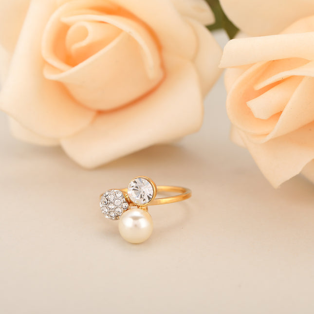 Anillo Diamantes De Zirconia Con Perlas Incrustadas En Aleación Chapado En Oro 14K