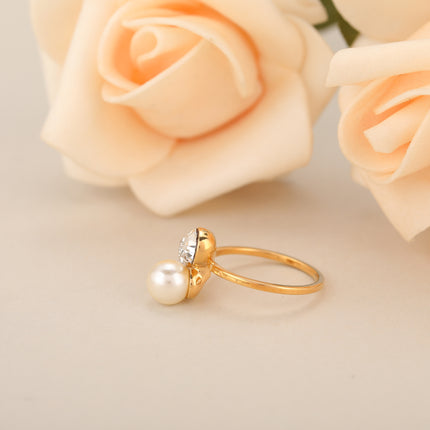 Anillo Diamantes De Zirconia Con Perlas Incrustadas En Aleación Chapado En Oro 14K