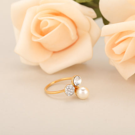 Anillo Diamantes De Zirconia Con Perlas Incrustadas En Aleación Chapado En Oro 14K
