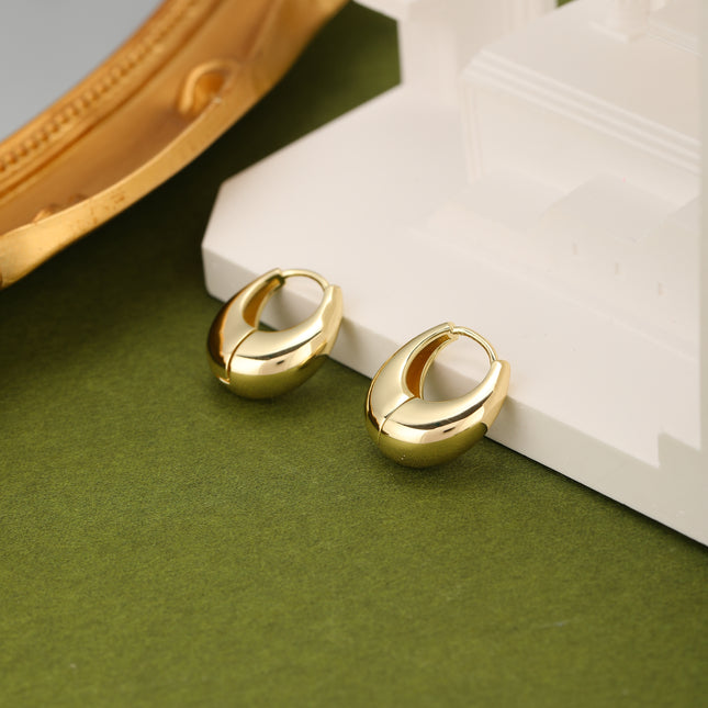 Aretes Broqueles Ovalado Minimalista Para Mujer, Cobre Baño Oro 14K