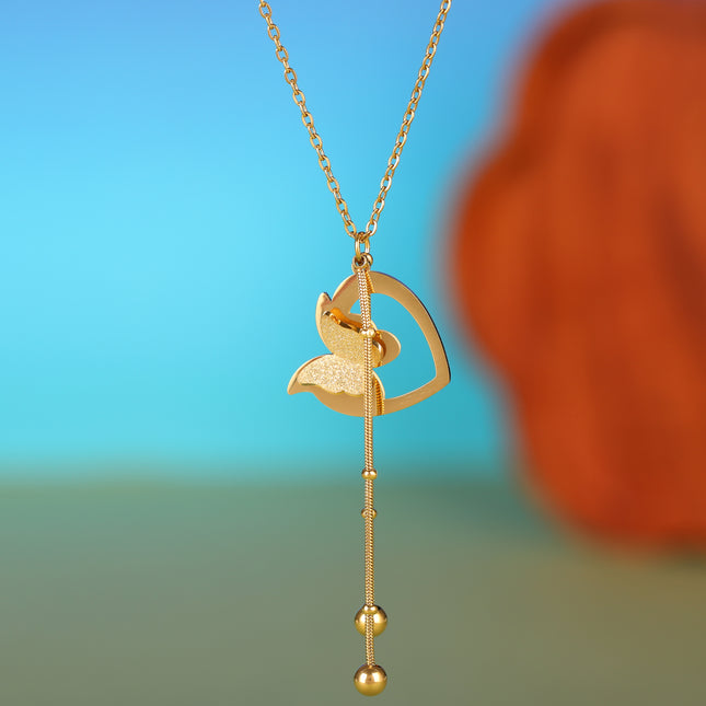 Collar De Tipo Corbata Con Borla De Mariposa Y Corazón De Acero Inoxidable De Moda