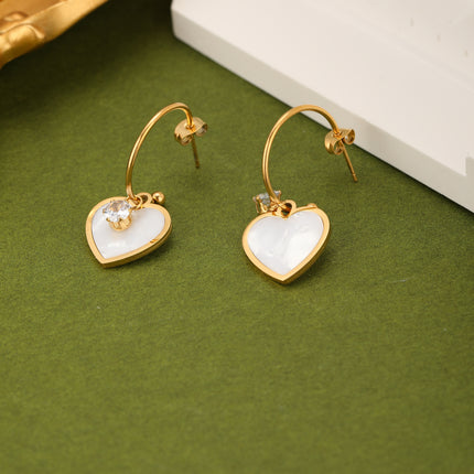 Aretes Arracadas Dorado Con Aro Y Colgante De Corazón Blanco