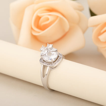 Anillo Con Diseño De Doble Capa De Corazón Y Trébol Con Diamantes De Zirconia En Cobre Chapado En Plata