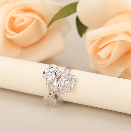 Anillo Con Diseño Colgante De Mariposa Y Rosa Con Diamantes De Zirconia En Aleación Chapado En Plata
