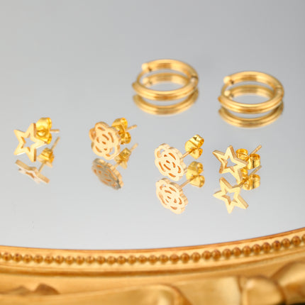 Set De Aretes Con Estrella, Flor Y Aros Diseño En Baño De Oro Elegante