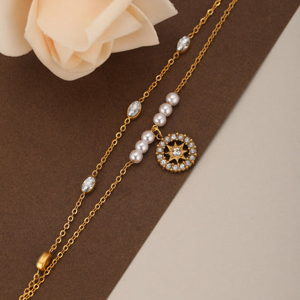 Pulsera De Girasol De Doble Capa Con Perlas Y Cristales Ovalados De Cobre Chapado En Oro 14K