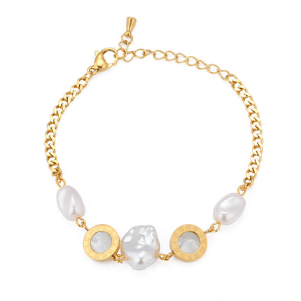 Pulsera De Perlas Con Diseño Placa Redonda De Cobre Chapado En Oro 14K