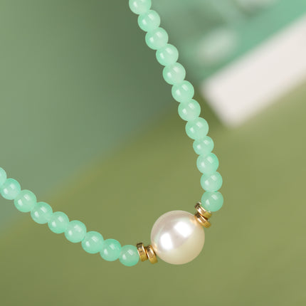 Collar Elegante Simple De Cuentas De Vidrio Verde De Moda Con Perla Grande