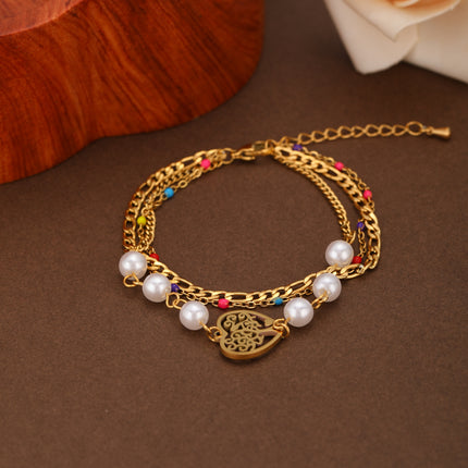 Pulsera Con Diseño De Tres Capas En Corazón Y Perlas De Cobre Chapado En Oro 14K