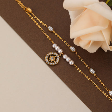 Pulsera De Girasol De Doble Capa Con Perlas Y Cristales Ovalados De Cobre Chapado En Oro 14K