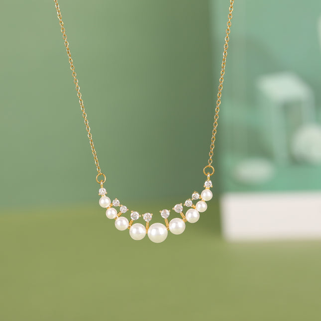 Collar Elegante De Acero Inoxidable De Moda Con Colgante De Perlas De Luna Con Diamantes