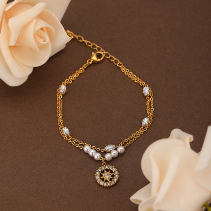 Pulsera De Girasol De Doble Capa Con Perlas Y Cristales Ovalados De Cobre Chapado En Oro 14K