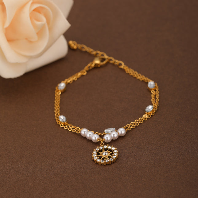 Pulsera De Girasol De Doble Capa Con Perlas Y Cristales Ovalados De Cobre Chapado En Oro 14K