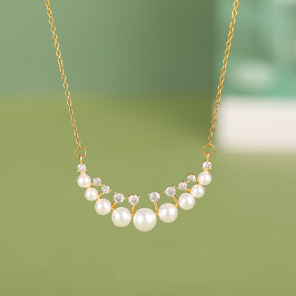 Collar Elegante De Acero Inoxidable De Moda Con Colgante De Perlas De Luna Con Diamantes