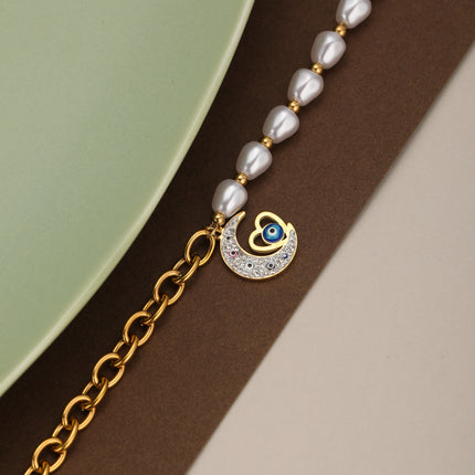 Pulsera De Acero 14K Con Dije De Luna Y Corazón, Cadena Perlas Y Circular