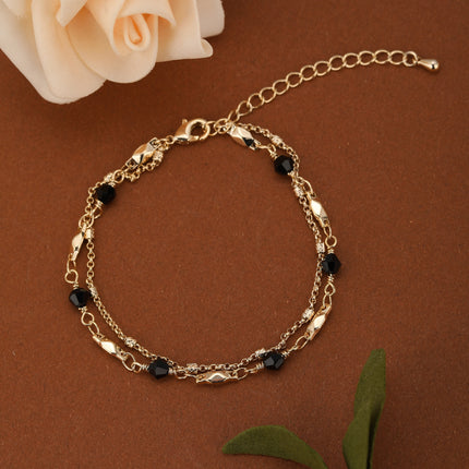 Pulsera De Doble Cadena Con Cristal Negro Y Detalles En Cobre
