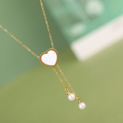 Collar De Tipo Corbata Con Borla De Perlas Con Colgante De Corazón De Moda De Acero Inoxidable