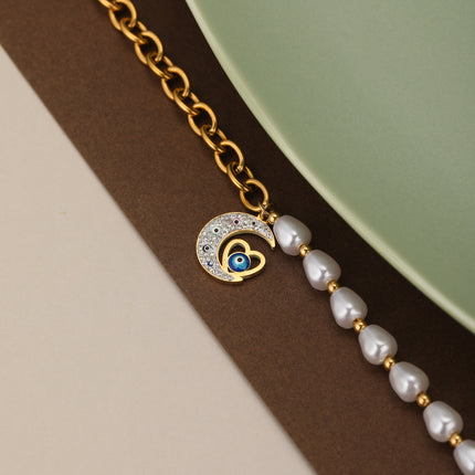 Pulsera De Acero 14K Con Dije De Luna Y Corazón, Cadena Perlas Y Circular