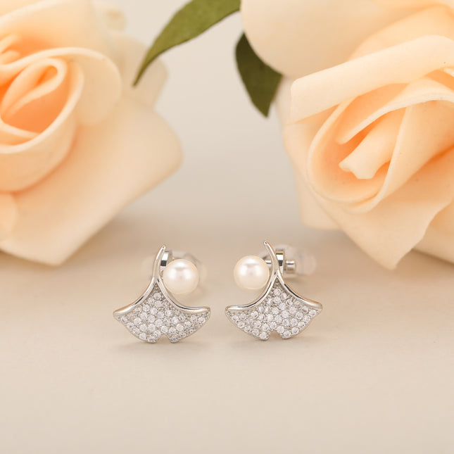 Aretes En La Oreja Cobre De Hoja De Ginkgo Con Perla Sintética