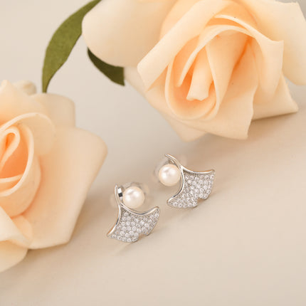 Aretes En La Oreja Cobre De Hoja De Ginkgo Con Perla Sintética
