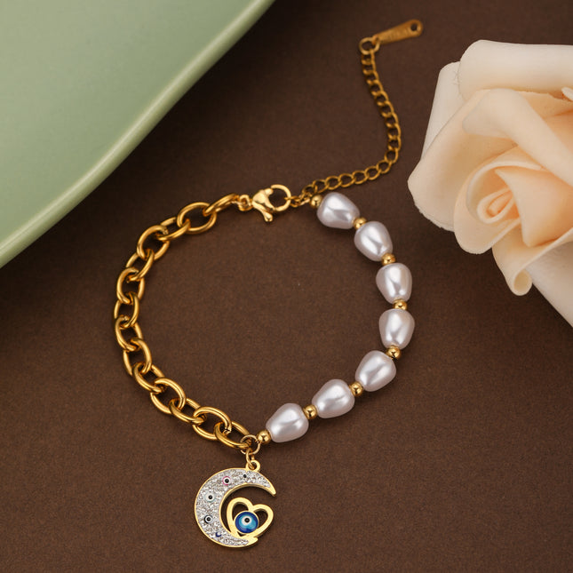 Pulsera De Acero 14K Con Dije De Luna Y Corazón, Cadena Perlas Y Circular