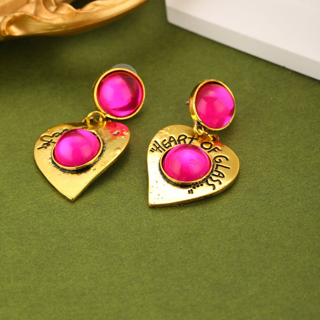 Aretes Con Diseño De Corazón Con Cristal Morado Sintético Y Bisel Metálico