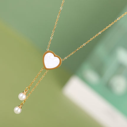 Collar De Tipo Corbata Con Borla De Perlas Con Colgante De Corazón De Moda De Acero Inoxidable