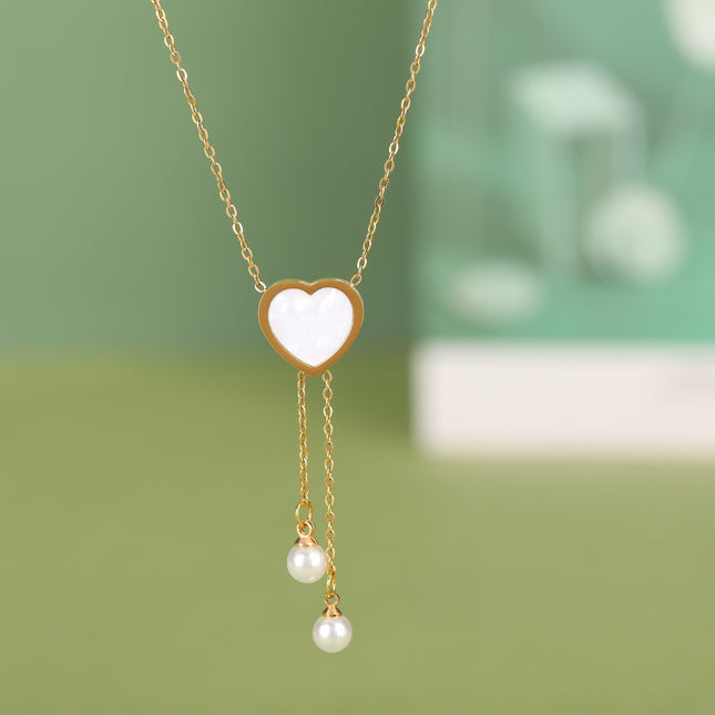 Collar De Tipo Corbata Con Borla De Perlas Con Colgante De Corazón De Moda De Acero Inoxidable