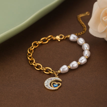 Pulsera De Acero 14K Con Dije De Luna Y Corazón, Cadena Perlas Y Circular