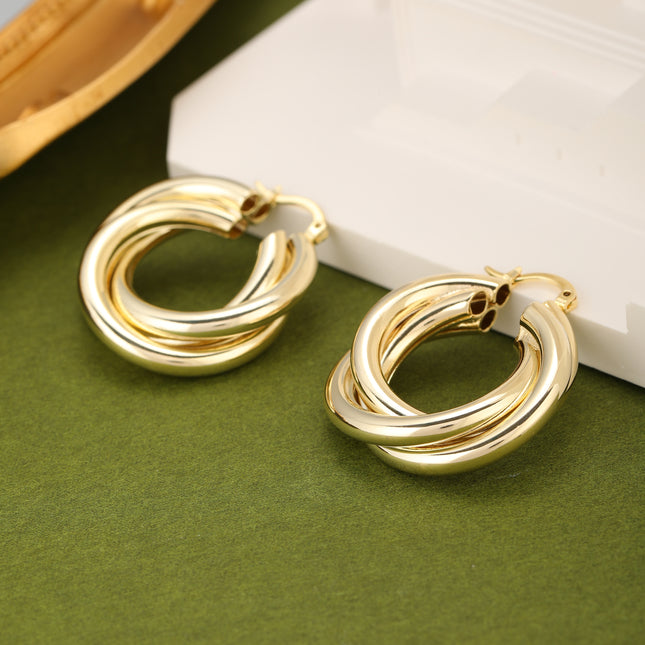 Aretes De Cobre Con Diseño Geométrico Cruzado, Arracadas Baño De Oro 18K