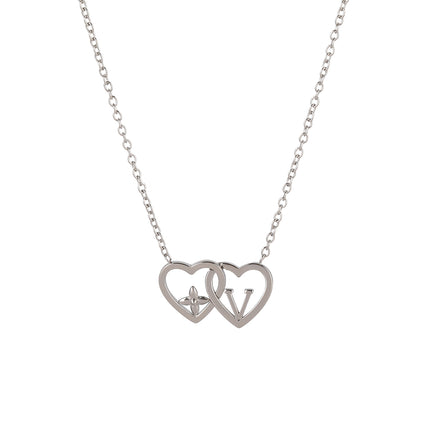 Collar De Cadena En Forma De 0 Con Colgante De Doble Corazón Hueca De Flor Y V De Acero Inoxidable