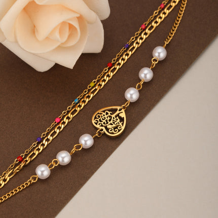 Pulsera Con Diseño De Tres Capas En Corazón Y Perlas De Cobre Chapado En Oro 14K