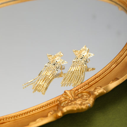 Aretes Largos De Estrella Con Colgante De Flecos En Cobre