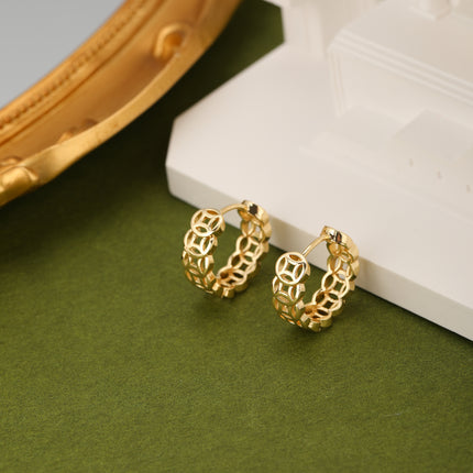 Aretes De Cobre Baño De Oro 18K Con Diseño De Moneda, Estilo Calado