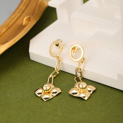 Aretes De Cobre Con Colgante De Flor De Cuatro Pétalos En Oro 18K