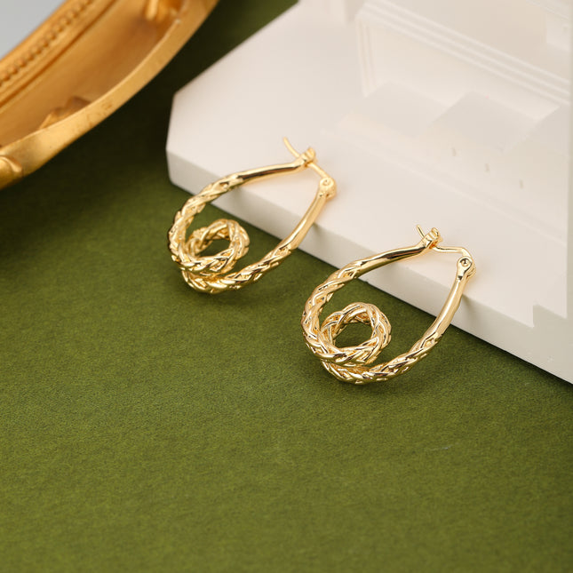 Aretes Ovalados Con Textura Trenzada Exagerada, Cobre Y Oro De 14K