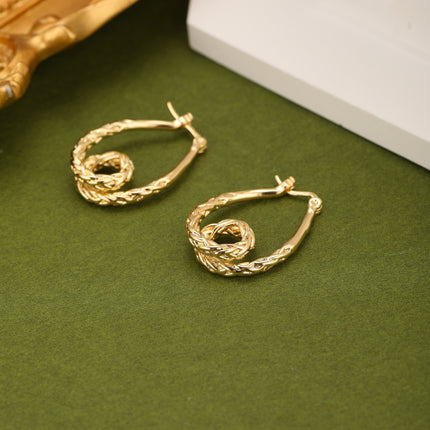 Aretes Ovalados Con Textura Trenzada Exagerada, Cobre Y Oro De 14K