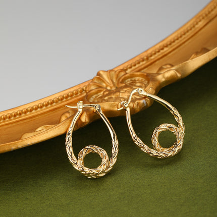 Aretes Ovalados Con Textura Trenzada Exagerada, Cobre Y Oro De 14K