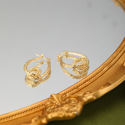 Aretes Ovalados Con Textura Trenzada Exagerada, Cobre Y Oro De 14K