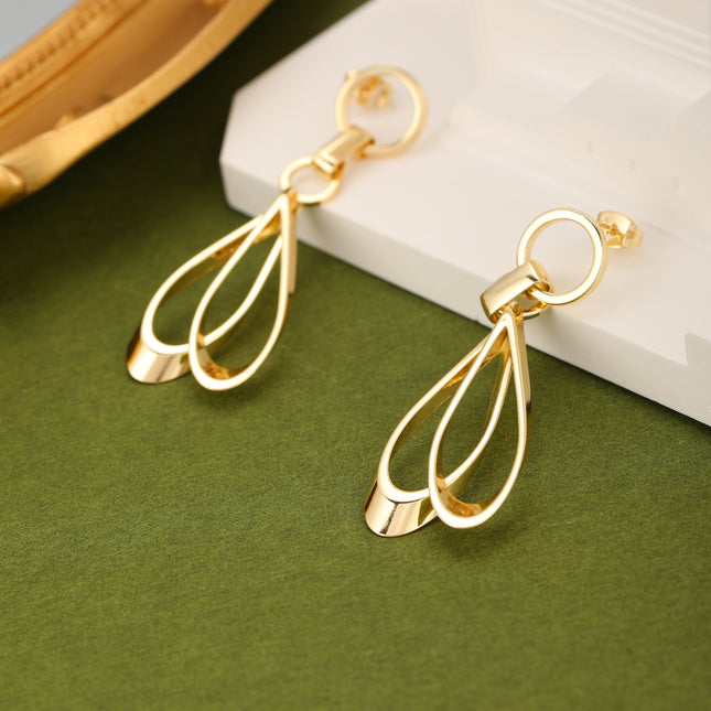 Aretes Largos Cobre De Oro 14K Geométricos Con Colgante De Gota Óvalo