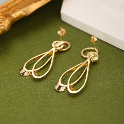 Aretes Largos Cobre De Oro 14K Geométricos Con Colgante De Gota Óvalo