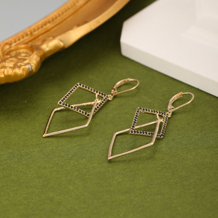 Aretes Largos De Cobre Diseño Geométrico Con Doble Anillo Bañado En 18K