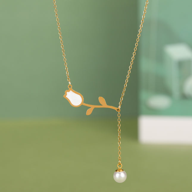 Collar De Moda Con Colgante De Tulipán De Perla Temperamental De Acero Inoxidable